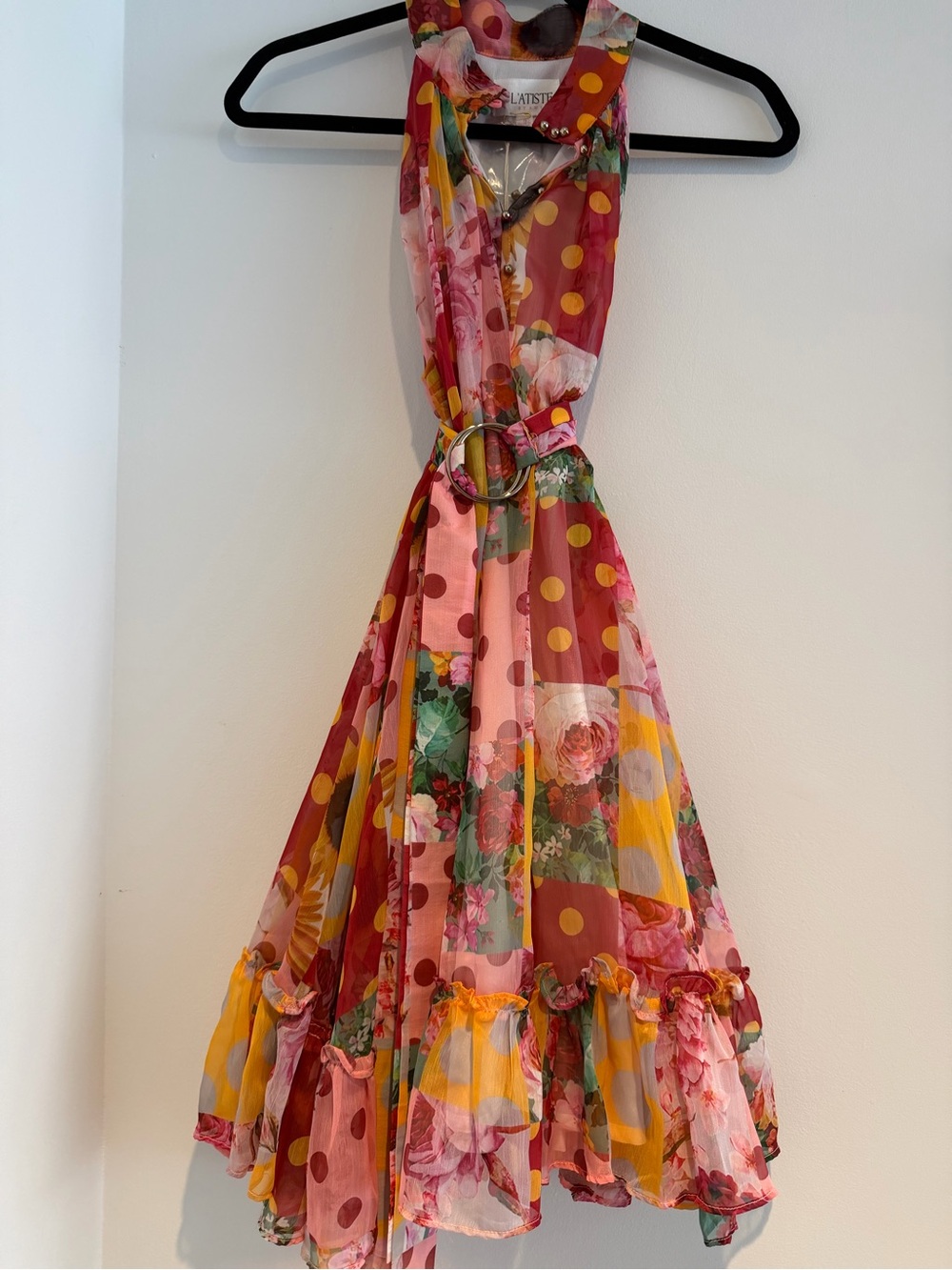 L'ATISTE Pink & Yellow Floral Polka Dot Halter Mini Dress with Belt